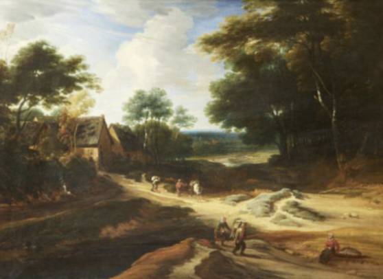 Summer Landscape with Houses and Figures at Forest Edge