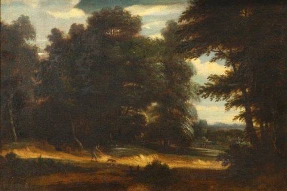 A Wooded Landscape with a Sportsman and his Dog on a Sandy Road in the Centre