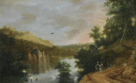 Extensive River Landscape with an Elegant Company on Horseback, a Castel by the River