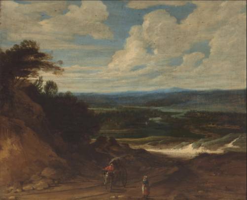 A Landscape with Figures and a Wagon on a Track in the Foreground