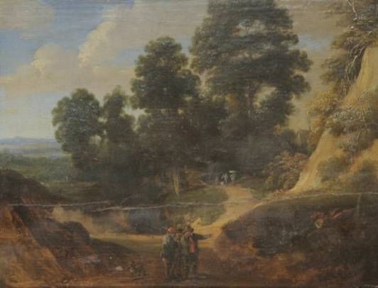 Wooded landscape with figures on a path