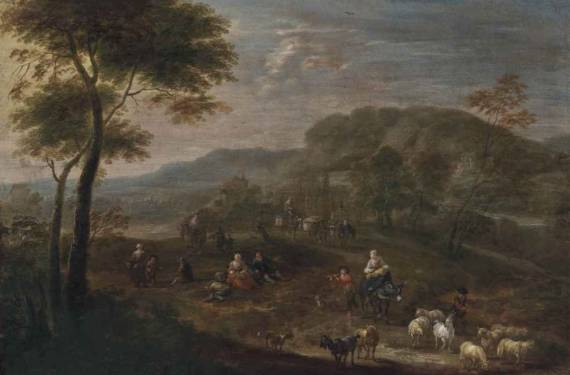 A Wooded Landscape with a Shepherd and its Flock and Travellers on a Path