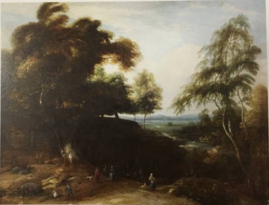 A Wooded Landscape with Figures and Dogs in a Clearing