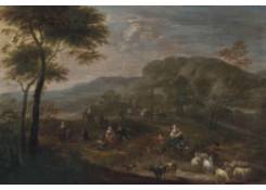 Work 5123: A Wooded Landscape with a Shepherd and its Flock and Travellers on a Path