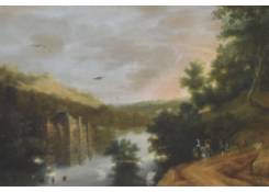 Work 5032: Extensive River Landscape with an Elegant Company on Horseback, a Castel by the River