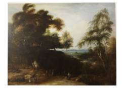 paintings CB:994 A Wooded Landscape with Figures and Dogs in a Clearing